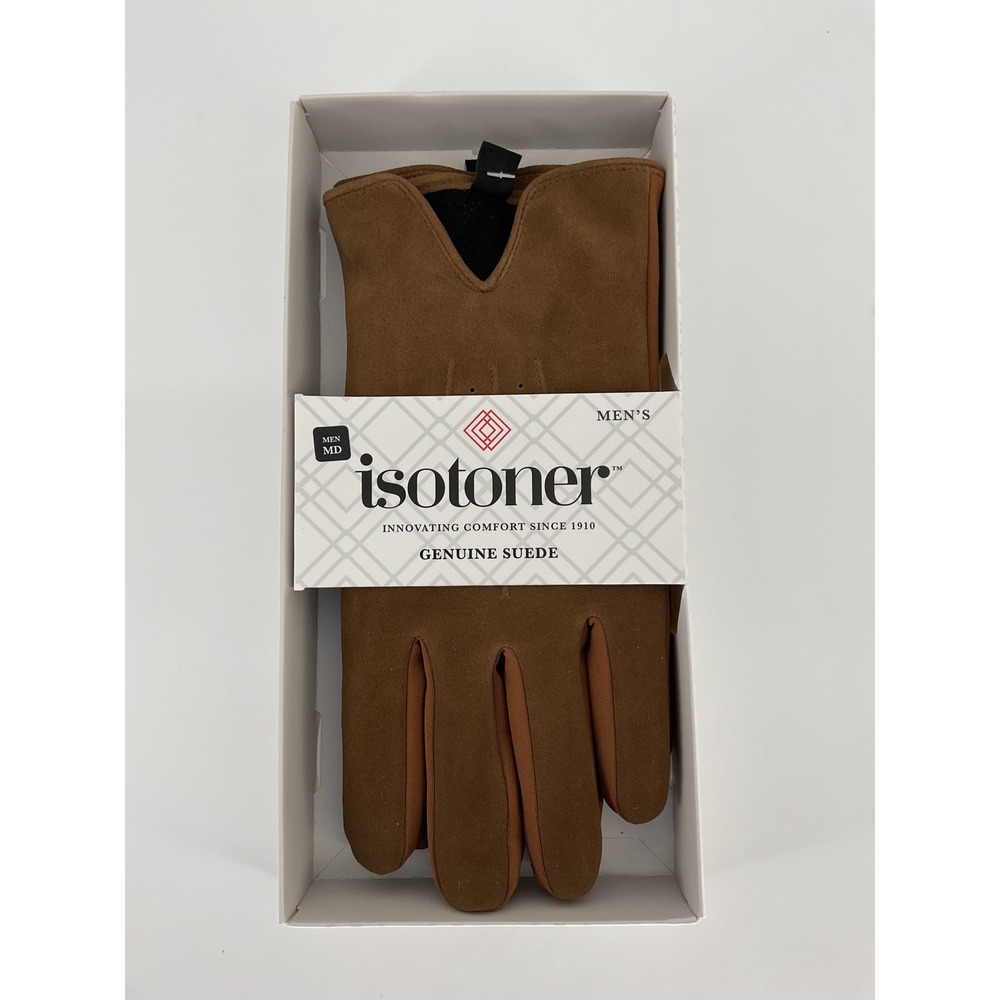 Isotoner Mens Genuine Suede Gloves Cognac Brown SmarTouch Touchscreen MD New $76